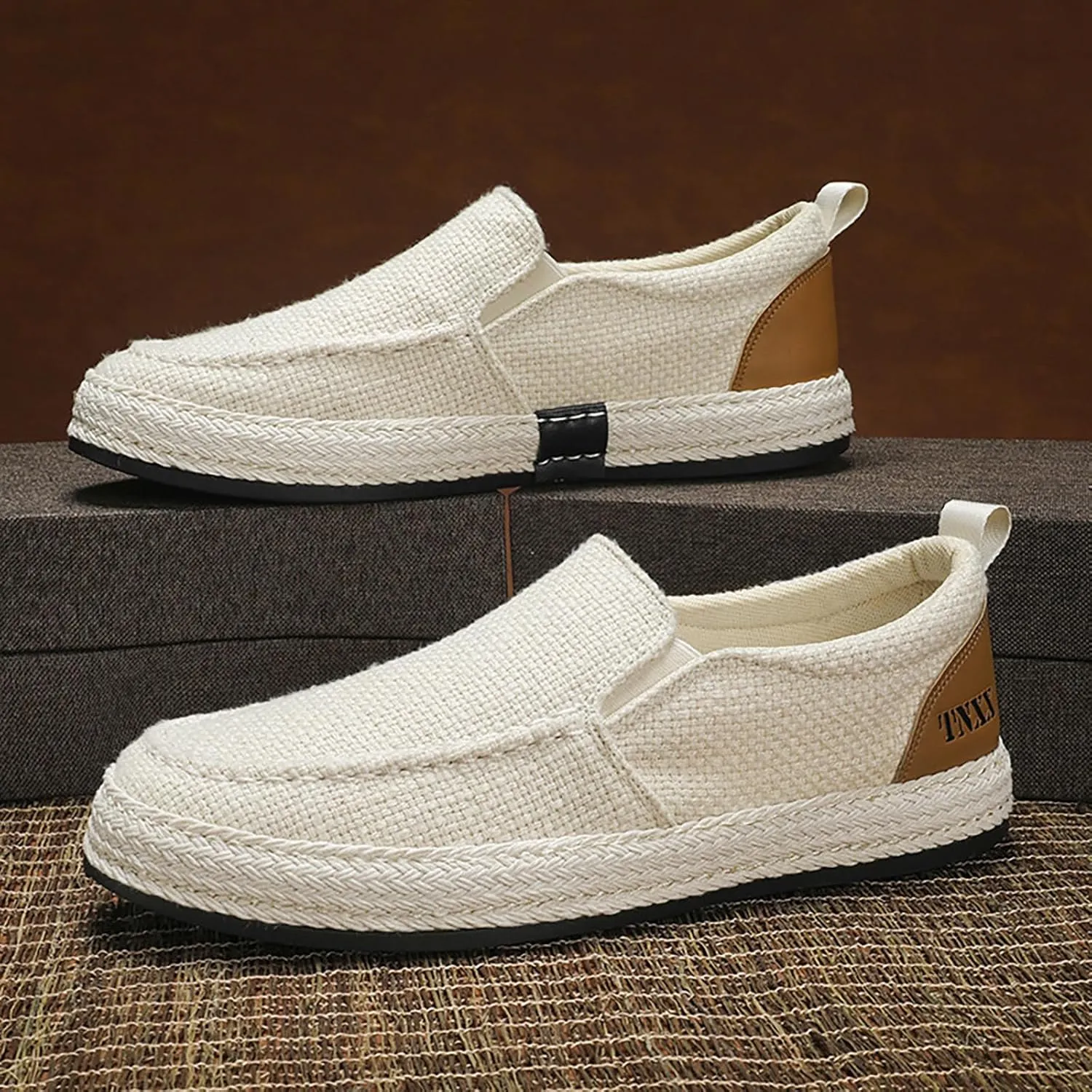 Men's Canvas Slip-on Espadrilles Loafers,Fashion Breathable Hand Stitching Linen Indoor Outdoor Non-Slip Comfortable Flat Fisherman Casual Walking Sneakers Moccasins Boat Shoes