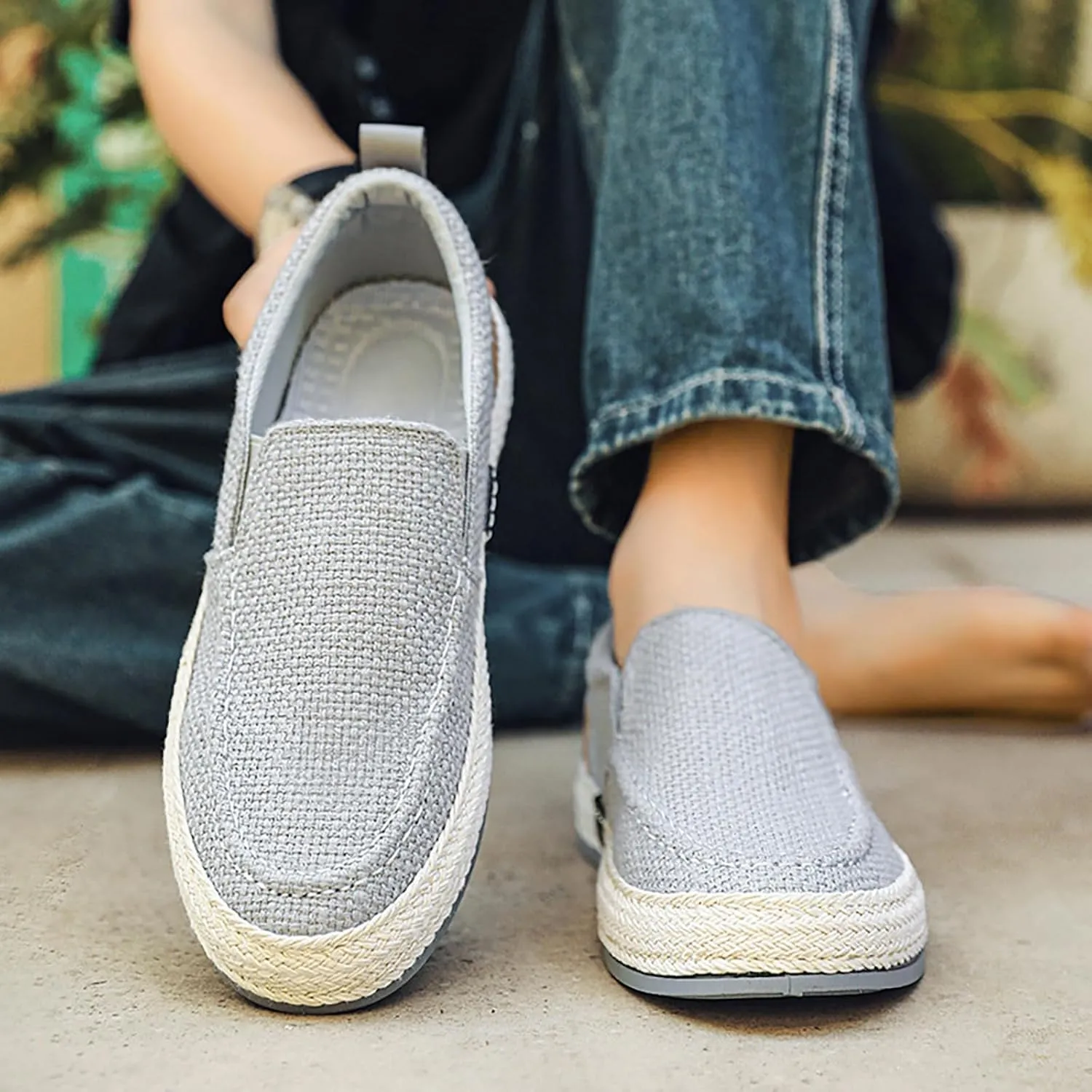 Men's Canvas Slip-on Espadrilles Loafers,Fashion Breathable Hand Stitching Linen Indoor Outdoor Non-Slip Comfortable Flat Fisherman Casual Walking Sneakers Moccasins Boat Shoes