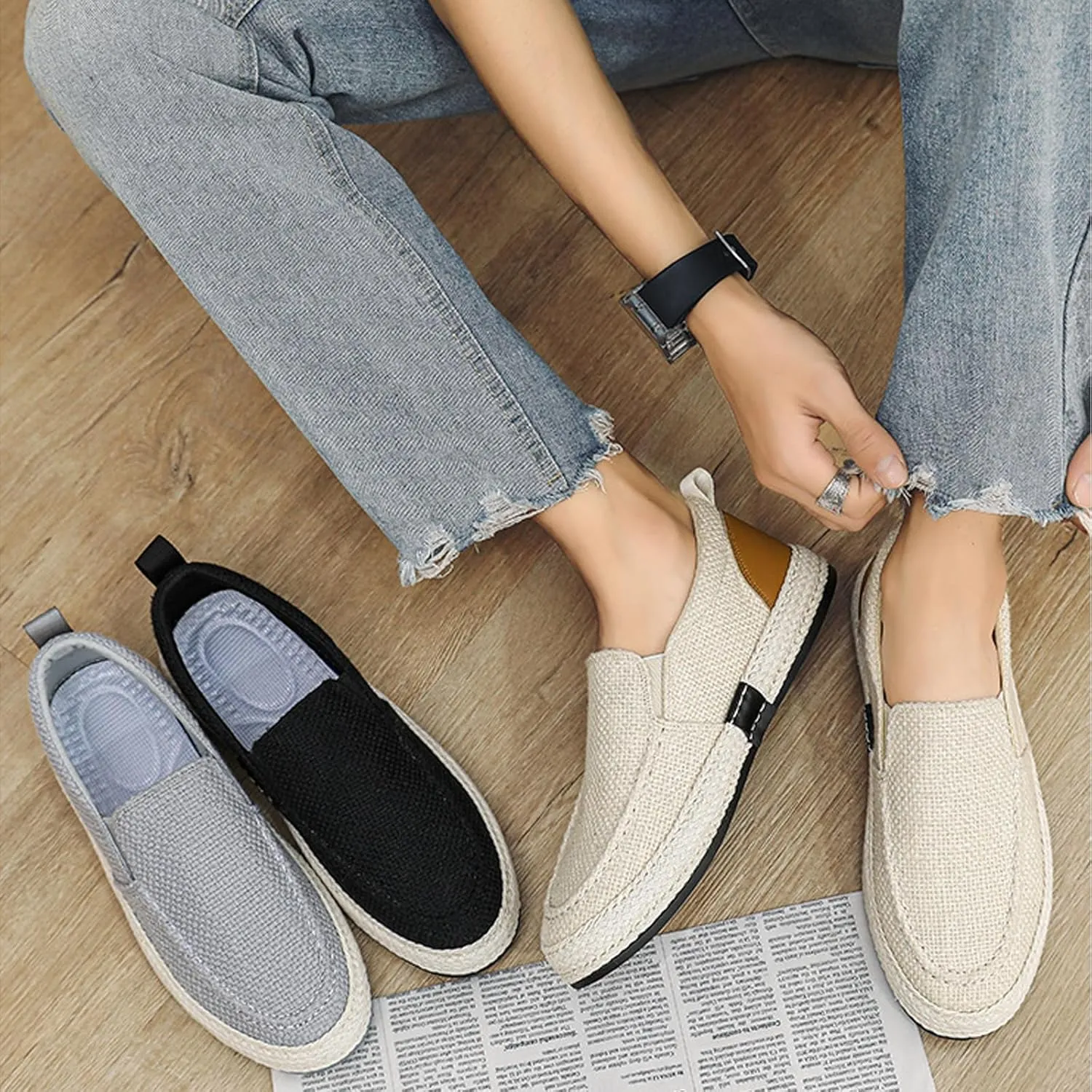 Men's Canvas Slip-on Espadrilles Loafers,Fashion Breathable Hand Stitching Linen Indoor Outdoor Non-Slip Comfortable Flat Fisherman Casual Walking Sneakers Moccasins Boat Shoes