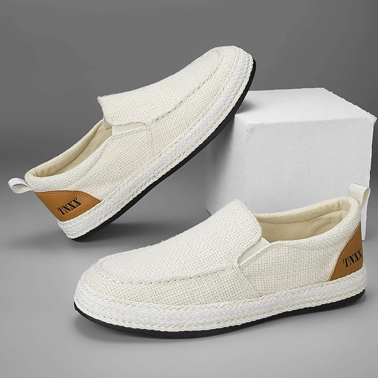 Men's Canvas Slip-on Espadrilles Loafers,Fashion Breathable Hand Stitching Linen Indoor Outdoor Non-Slip Comfortable Flat Fisherman Casual Walking Sneakers Moccasins Boat Shoes
