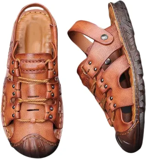 Mens Casual Leather Sandals Closed Toe Beach Slippers Shoes Summer Hiking Trekking Sandals