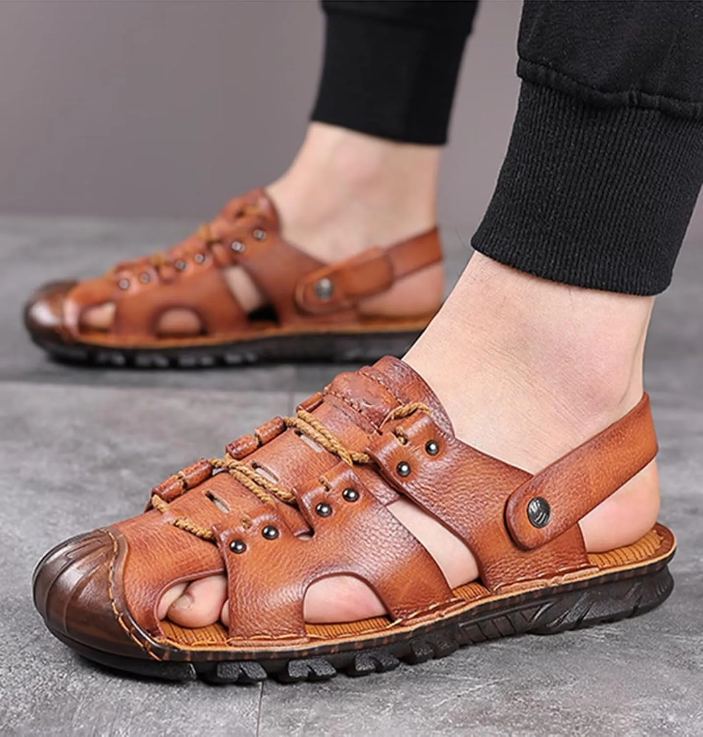 Mens Casual Leather Sandals Closed Toe Beach Slippers Shoes Summer Hiking Trekking Sandals