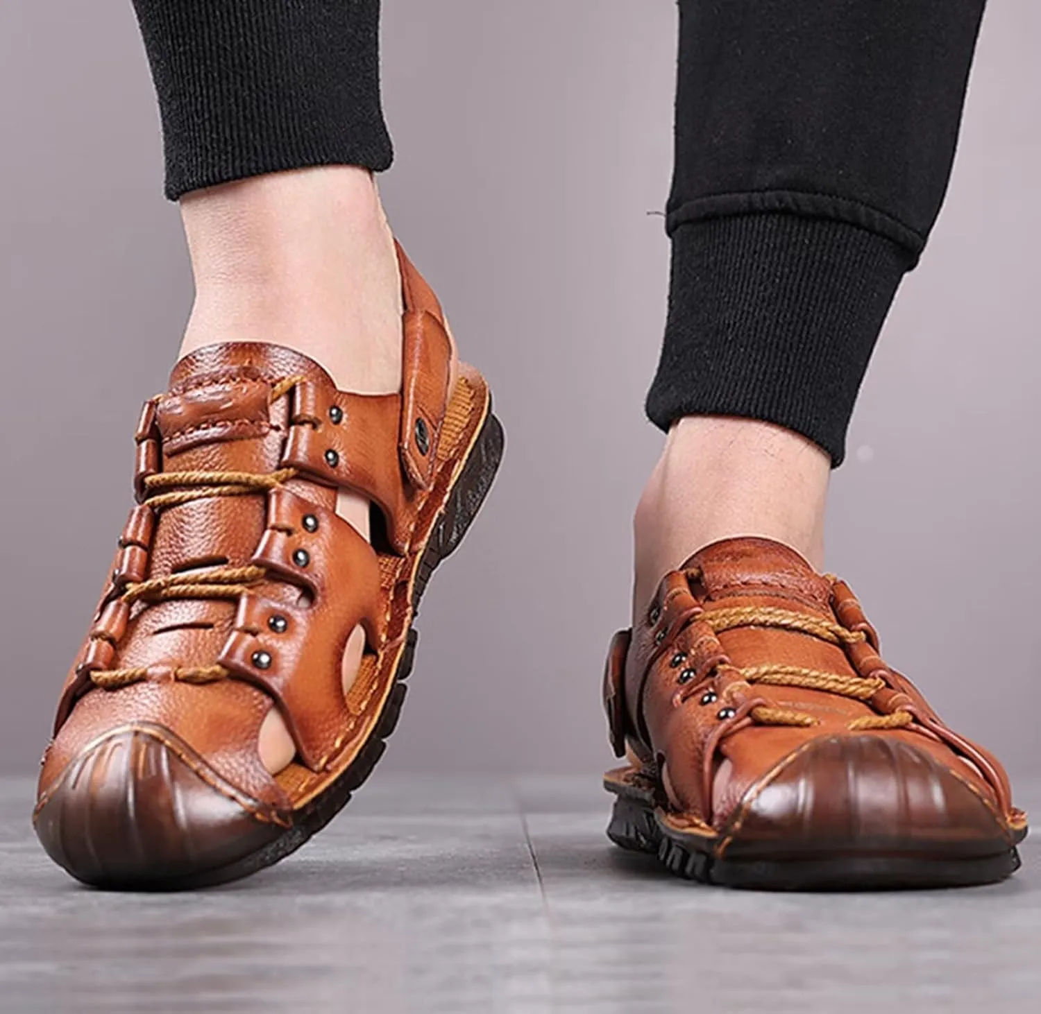 Mens Casual Leather Sandals Closed Toe Beach Slippers Shoes Summer Hiking Trekking Sandals