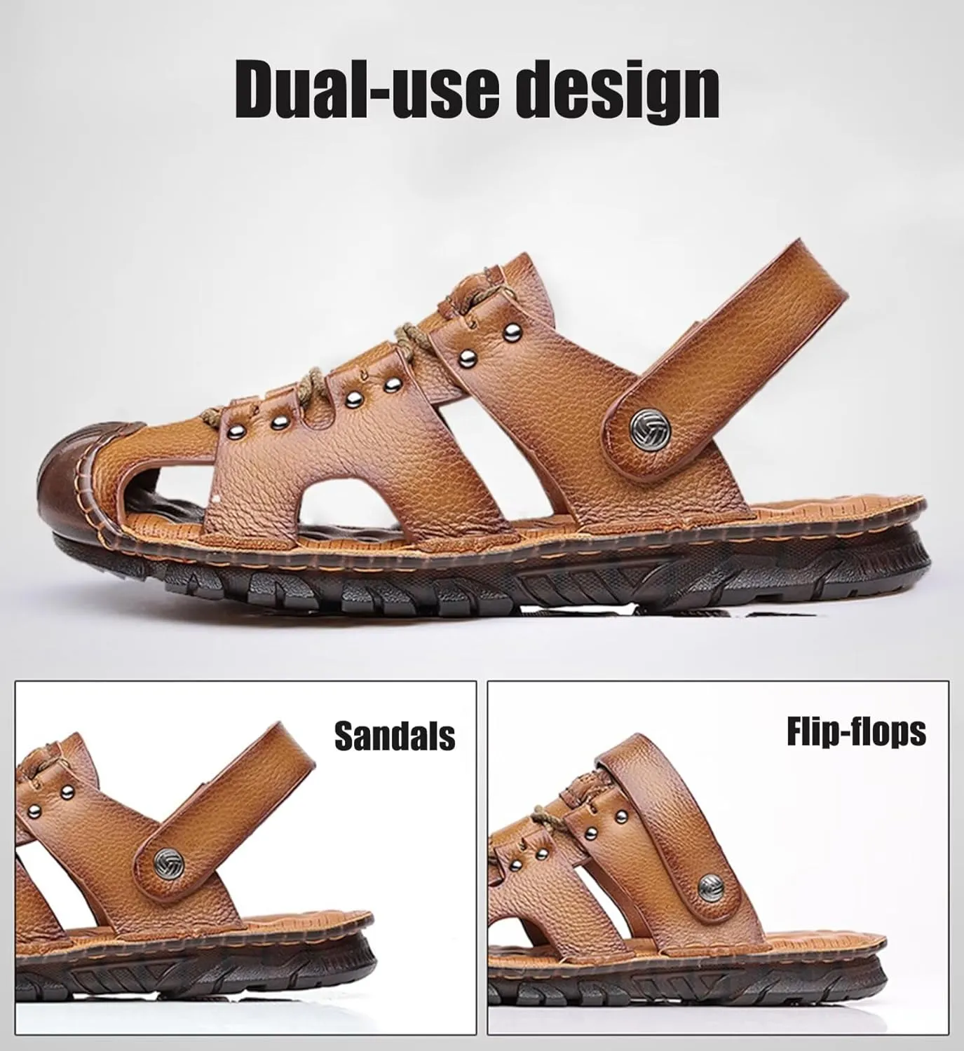 Mens Casual Leather Sandals Closed Toe Beach Slippers Shoes Summer Hiking Trekking Sandals