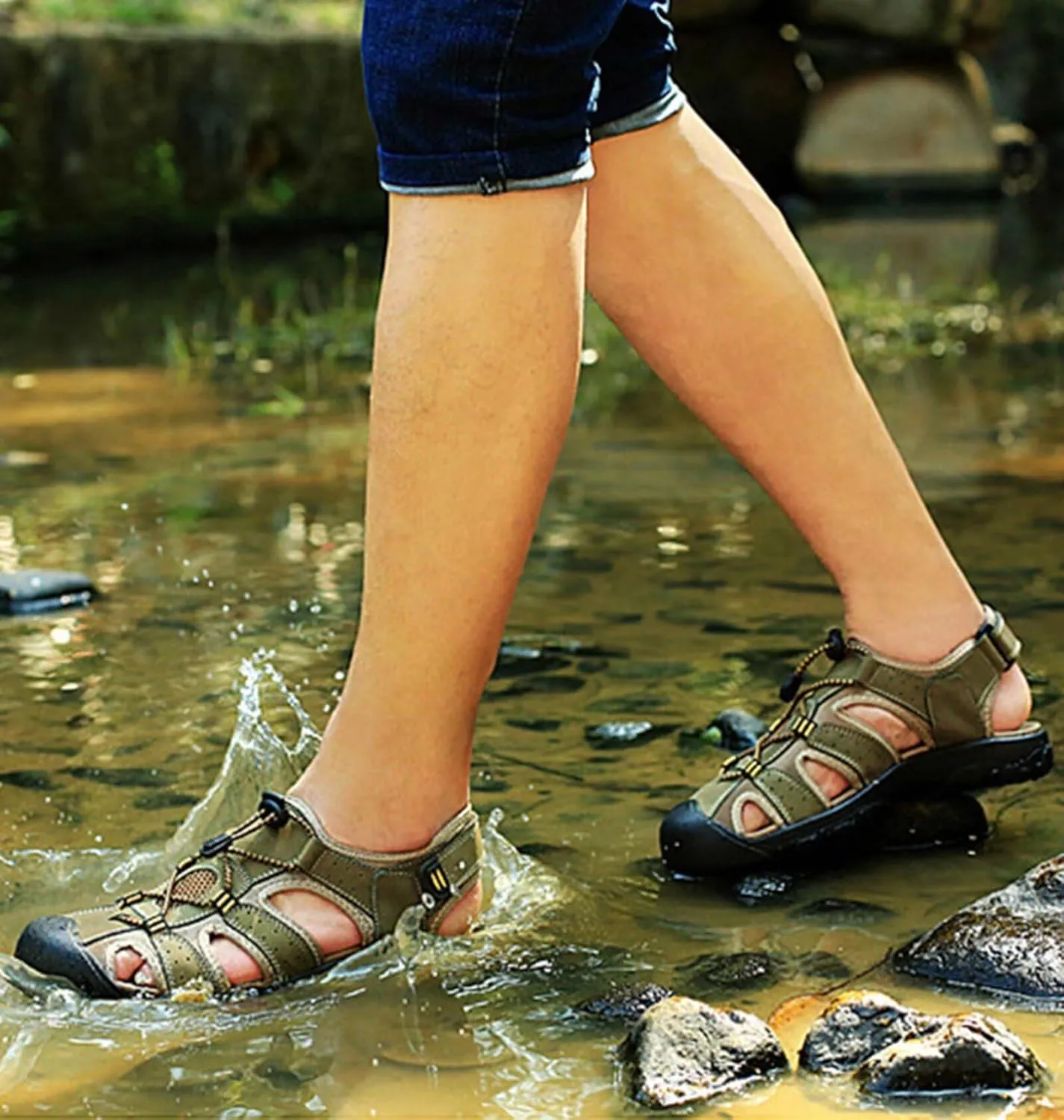 Mens Casual Leather Walking Sandals Closed Toe Beach Shoes Sports Outdoor Sandals Summer Sandals for Hiking Trekking Driving,Waterproof