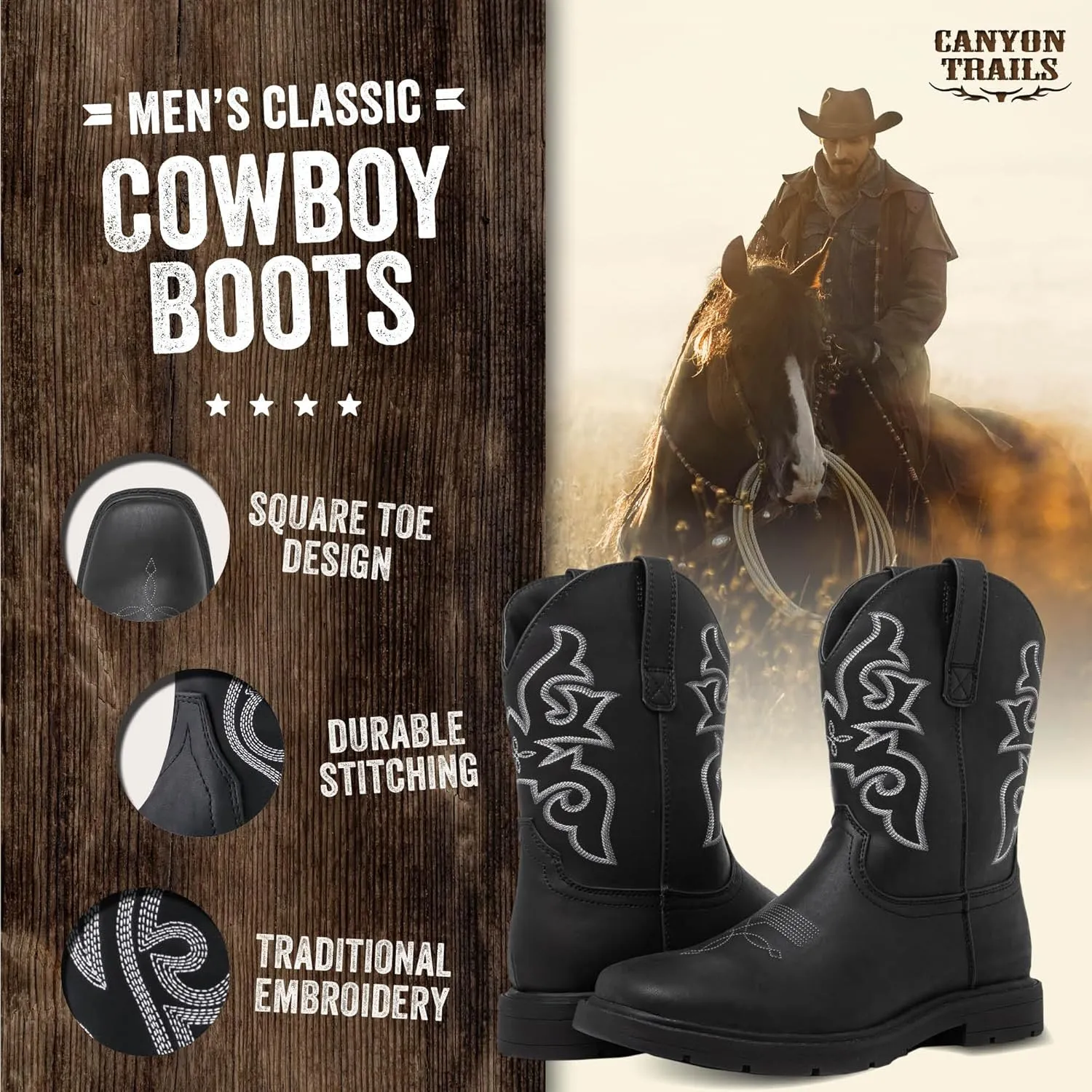 Mens Cowboy Boots - Square Toe Western Boots