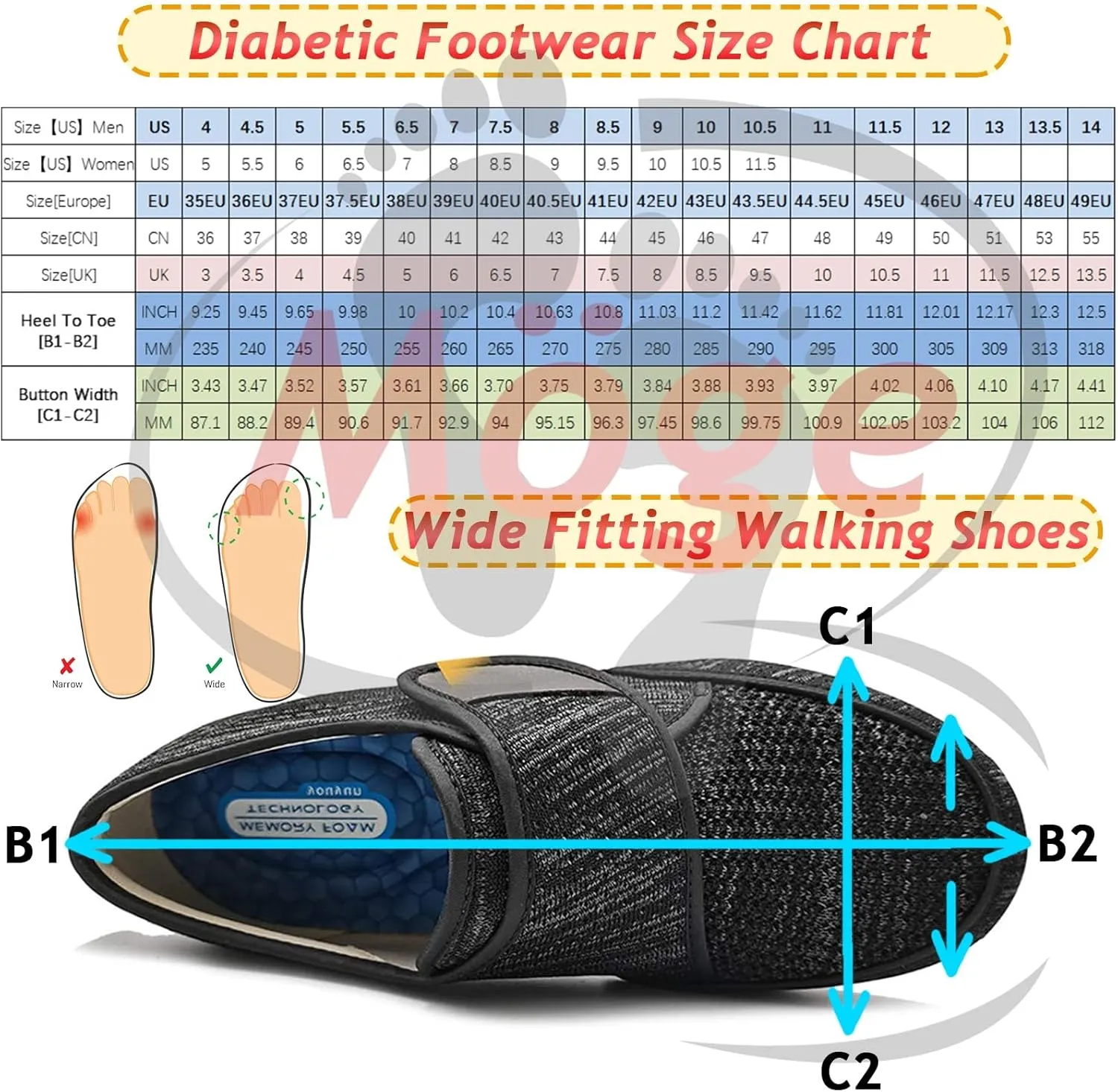 Men's Diabetic Shoes - Extra Wide Trainers for Swollen Feet - Comfortable Slip-On Sneakers with Arch Support