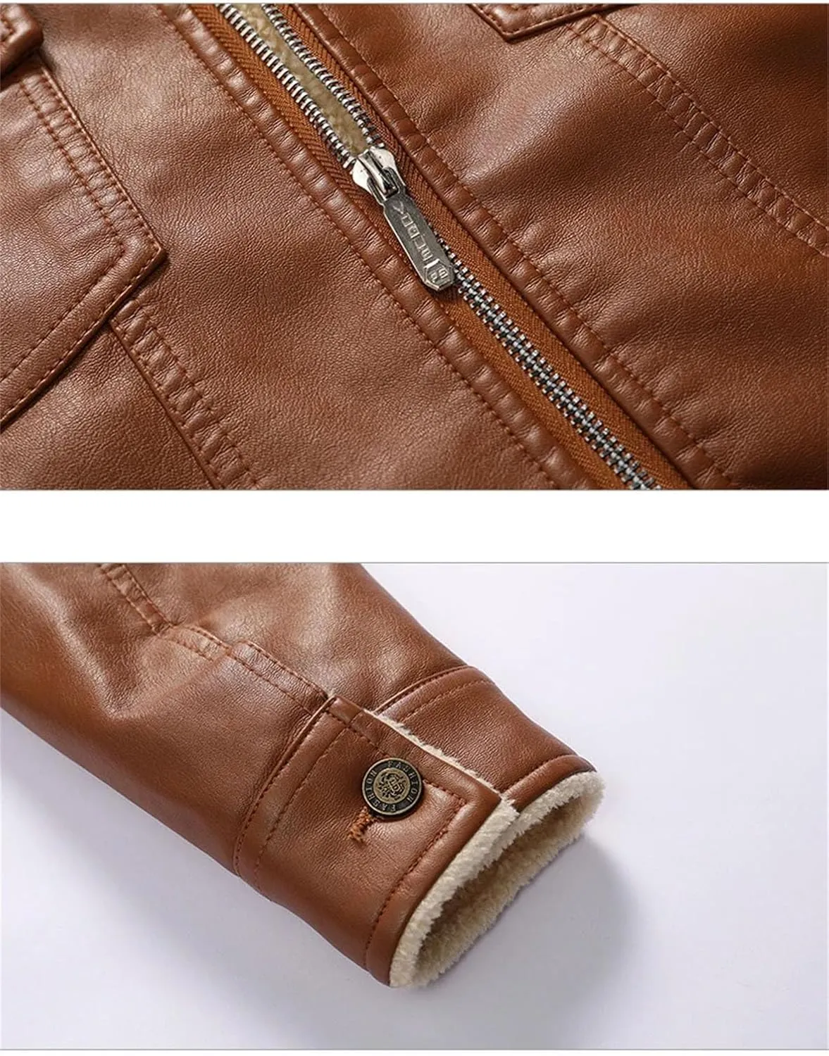 Men's Fall Winter Biker Leather Jacket Fleece Lining Fashion Motorcycle Zipper Long Sleeve Coat Streetwear Outwear