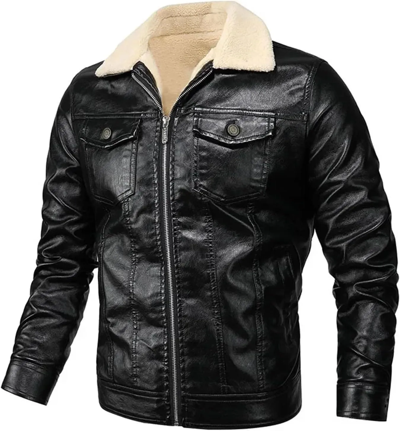 Men's Fall Winter Biker Leather Jacket Fleece Lining Fashion Motorcycle Zipper Long Sleeve Coat Streetwear Outwear