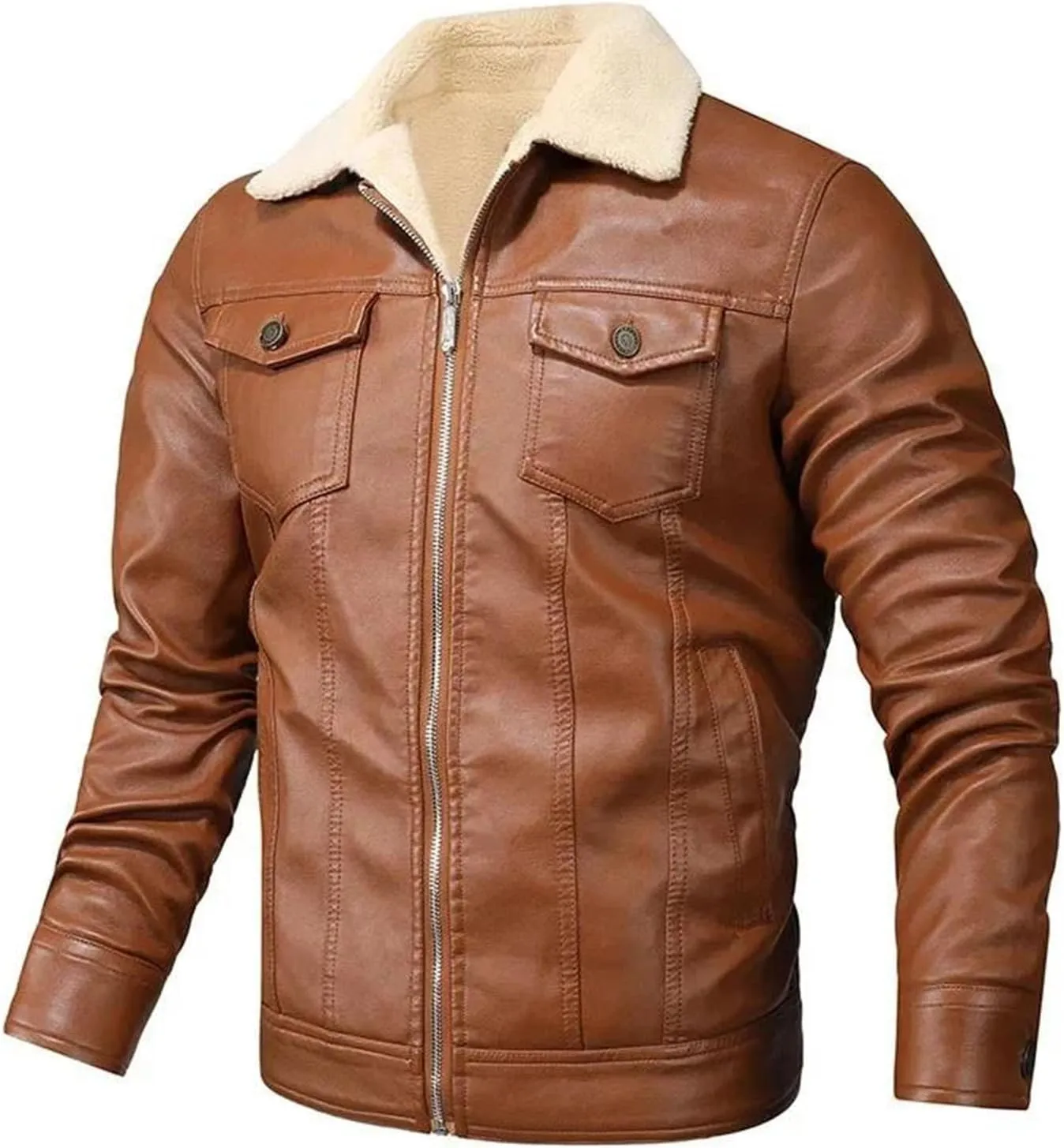 Men's Fall Winter Biker Leather Jacket Fleece Lining Fashion Motorcycle Zipper Long Sleeve Coat Streetwear Outwear