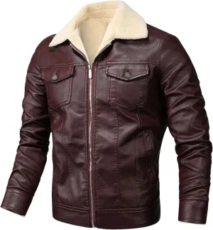 Men's Fall Winter Biker Leather Jacket Fleece Lining Fashion Motorcycle Zipper Long Sleeve Coat Streetwear Outwear