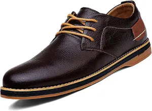 Men's Genuine Leather Hand Stitched Dress Oxfords Fashion Plain Toe Lace up Low Top Formal Business Office Derby Shoes Daily Non-Slip Soft Sole Casual Shoes