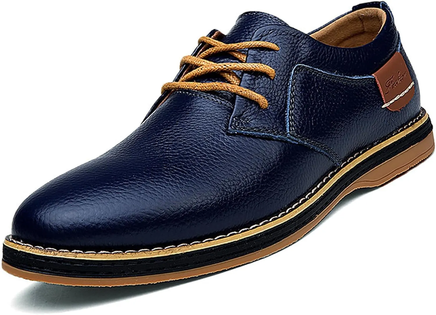 Men's Genuine Leather Hand Stitched Dress Oxfords Fashion Plain Toe Lace up Low Top Formal Business Office Derby Shoes Daily Non-Slip Soft Sole Casual Shoes