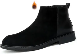 Men's Genuine Leather Slip-On Chelsea Boots with Side Zipper Classic Round Toe Soft Bottom Low Block Heel Dress Ankle Boots Casual Anti-Slip Bootie