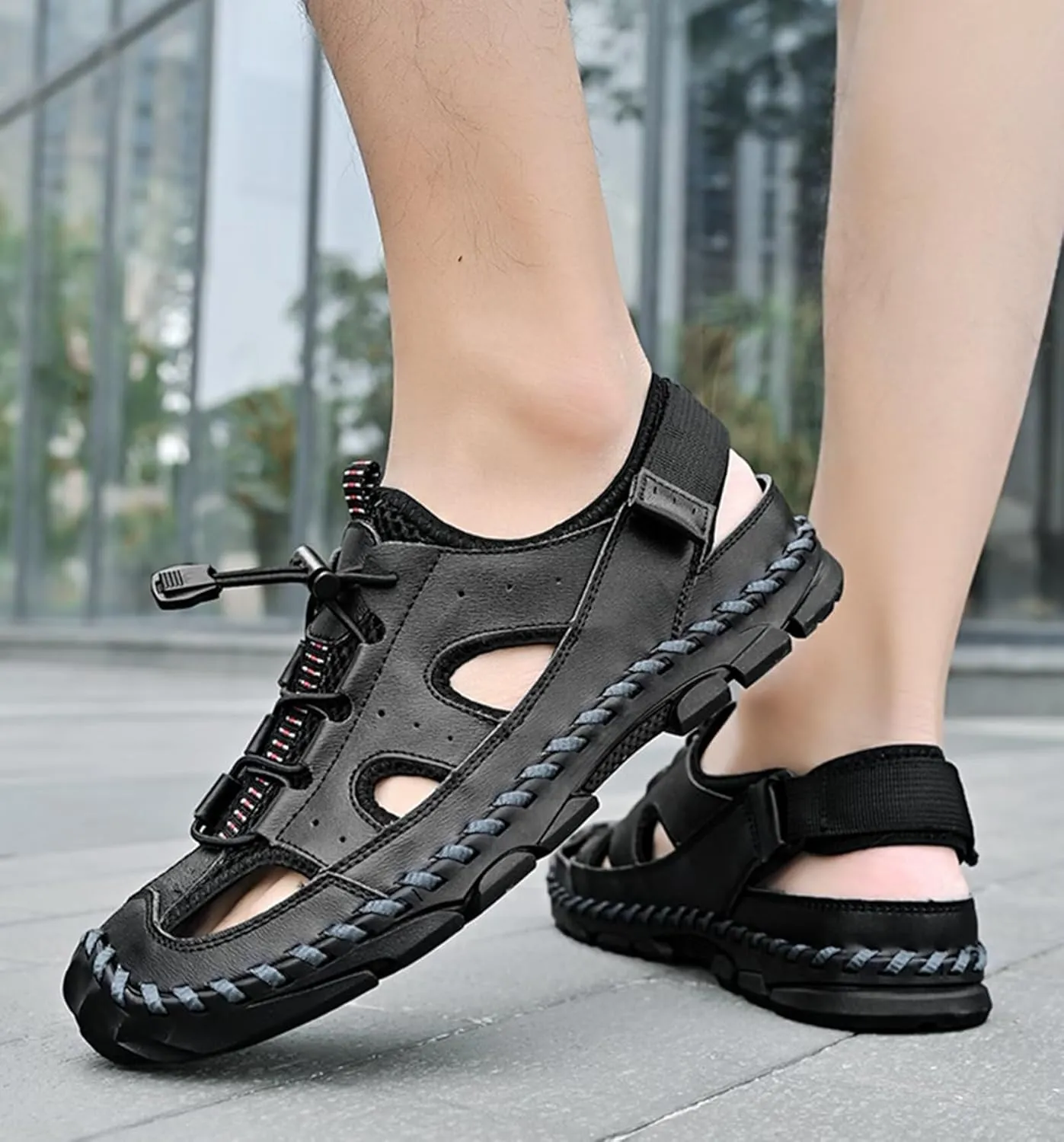Mens Hiking Sandals Closed Toe Walking Sandals Sport Outdoor Breathable Trekking Athletic Sandals Leather Summer Beach Shoes
