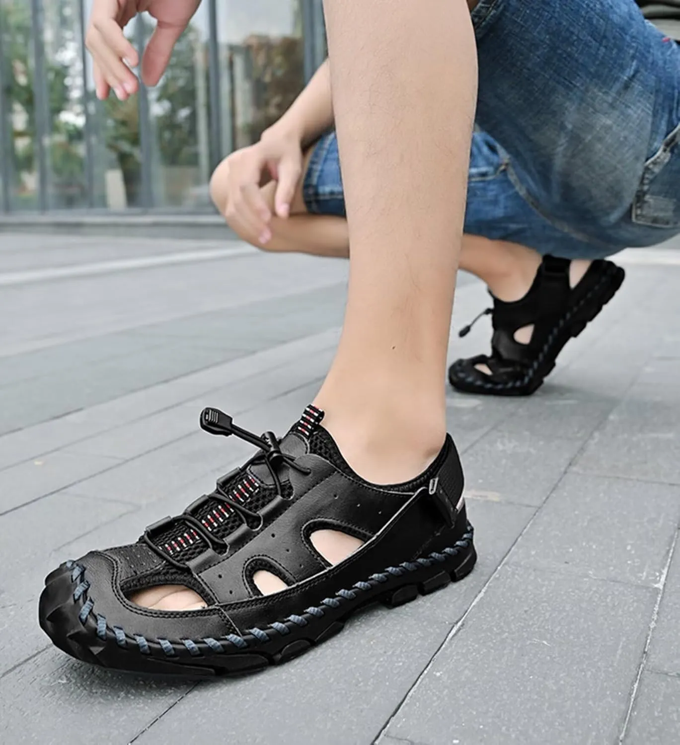 Mens Hiking Sandals Closed Toe Walking Sandals Sport Outdoor Breathable Trekking Athletic Sandals Leather Summer Beach Shoes