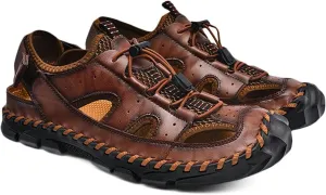Mens Hiking Sandals Closed Toe Walking Sandals Sport Outdoor Breathable Trekking Athletic Sandals Leather Summer Beach Shoes
