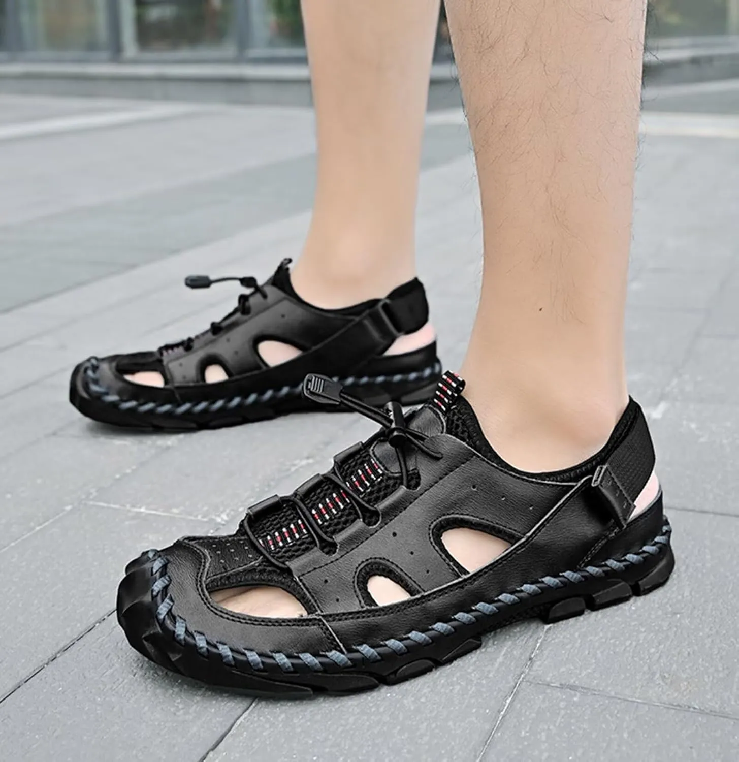 Mens Hiking Sandals Closed Toe Walking Sandals Sport Outdoor Breathable Trekking Athletic Sandals Leather Summer Beach Shoes