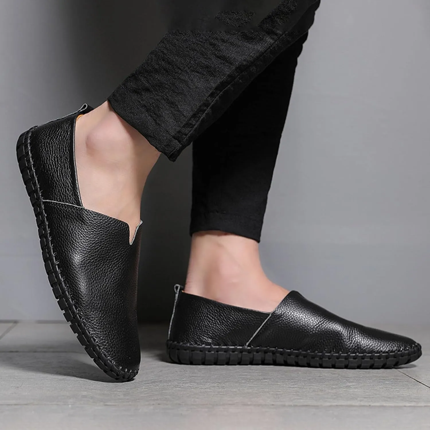Men's Leather Slip-on Loafers,Lightweight Comfy Cutout Breathe Plain Toe Hand-Stitching Oxford Driving Casual Shoes