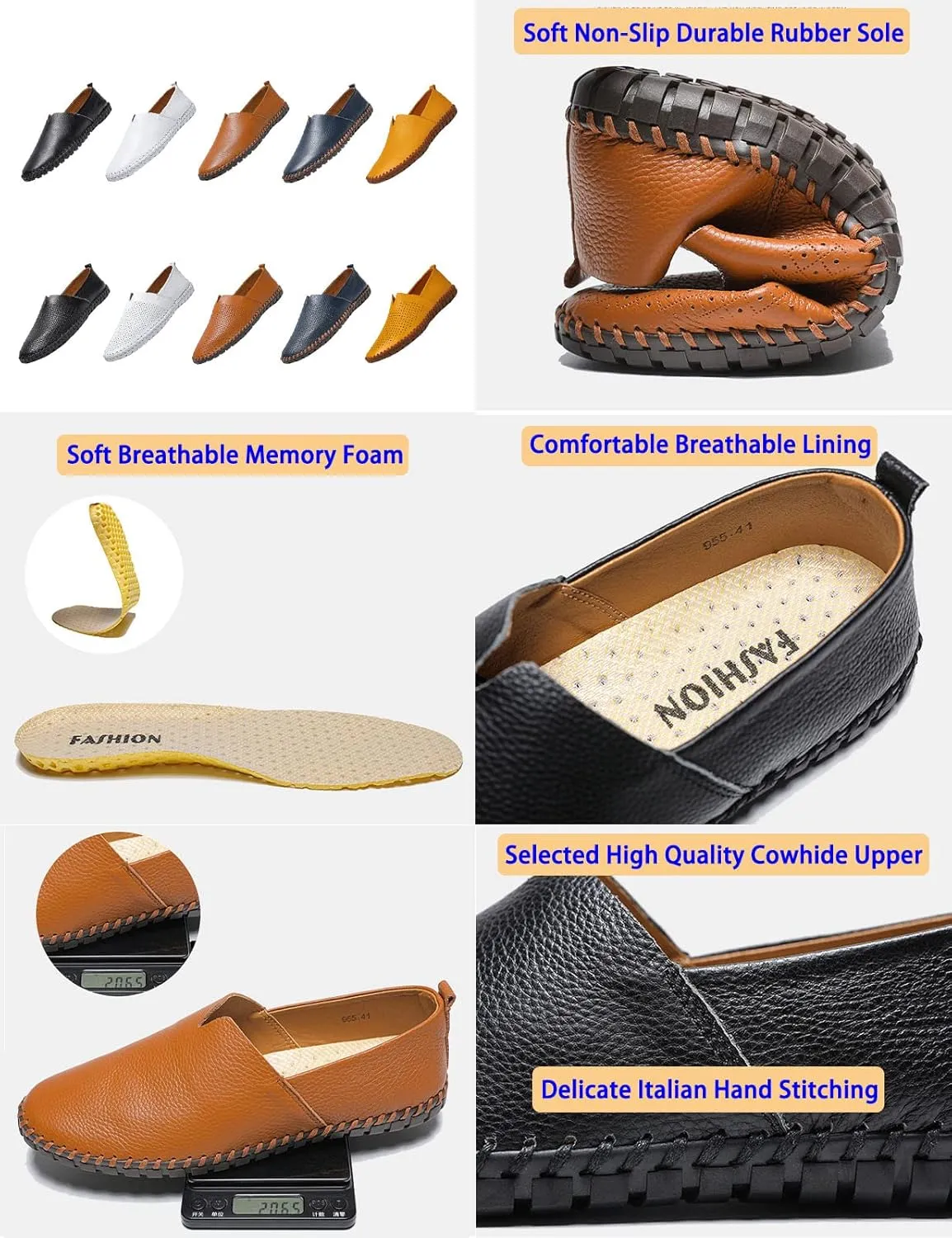 Men's Leather Slip-on Loafers,Lightweight Comfy Cutout Breathe Plain Toe Hand-Stitching Oxford Driving Casual Shoes