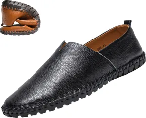 Men's Leather Slip-on Loafers,Lightweight Comfy Cutout Breathe Plain Toe Hand-Stitching Oxford Driving Casual Shoes
