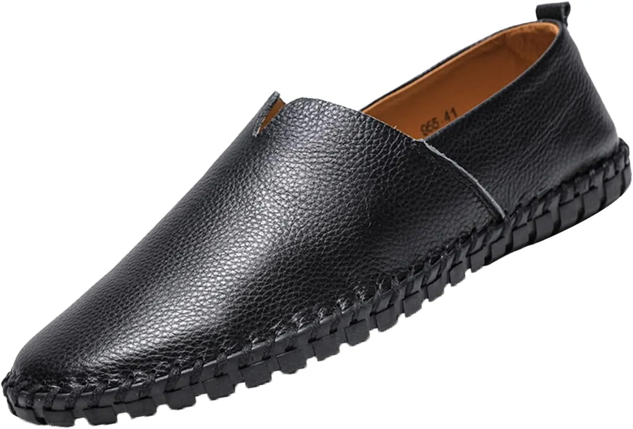 Men's Leather Slip-on Loafers,Lightweight Comfy Cutout Breathe Plain Toe Hand-Stitching Oxford Driving Casual Shoes