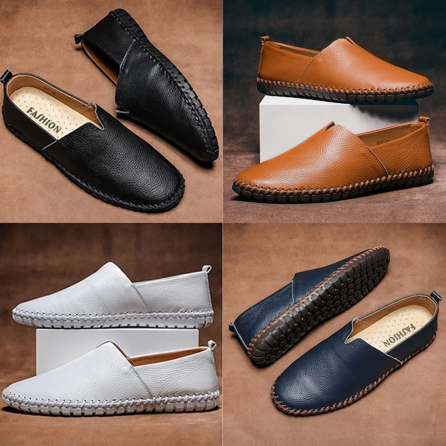 Men's Leather Slip-on Loafers,Lightweight Comfy Cutout Breathe Plain Toe Hand-Stitching Oxford Driving Casual Shoes