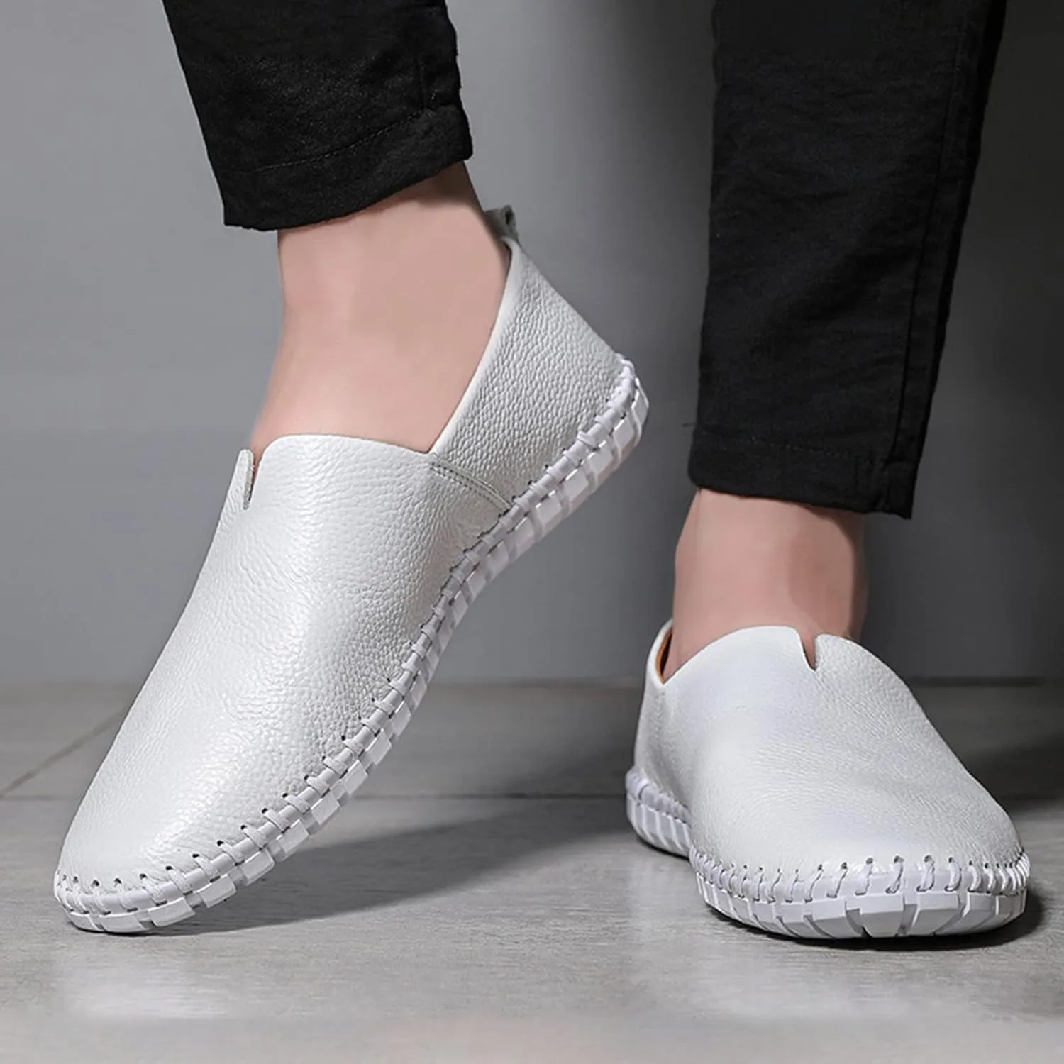 Men's Leather Slip-on Loafers,Lightweight Comfy Cutout Breathe Plain Toe Hand-Stitching Oxford Driving Casual Shoes