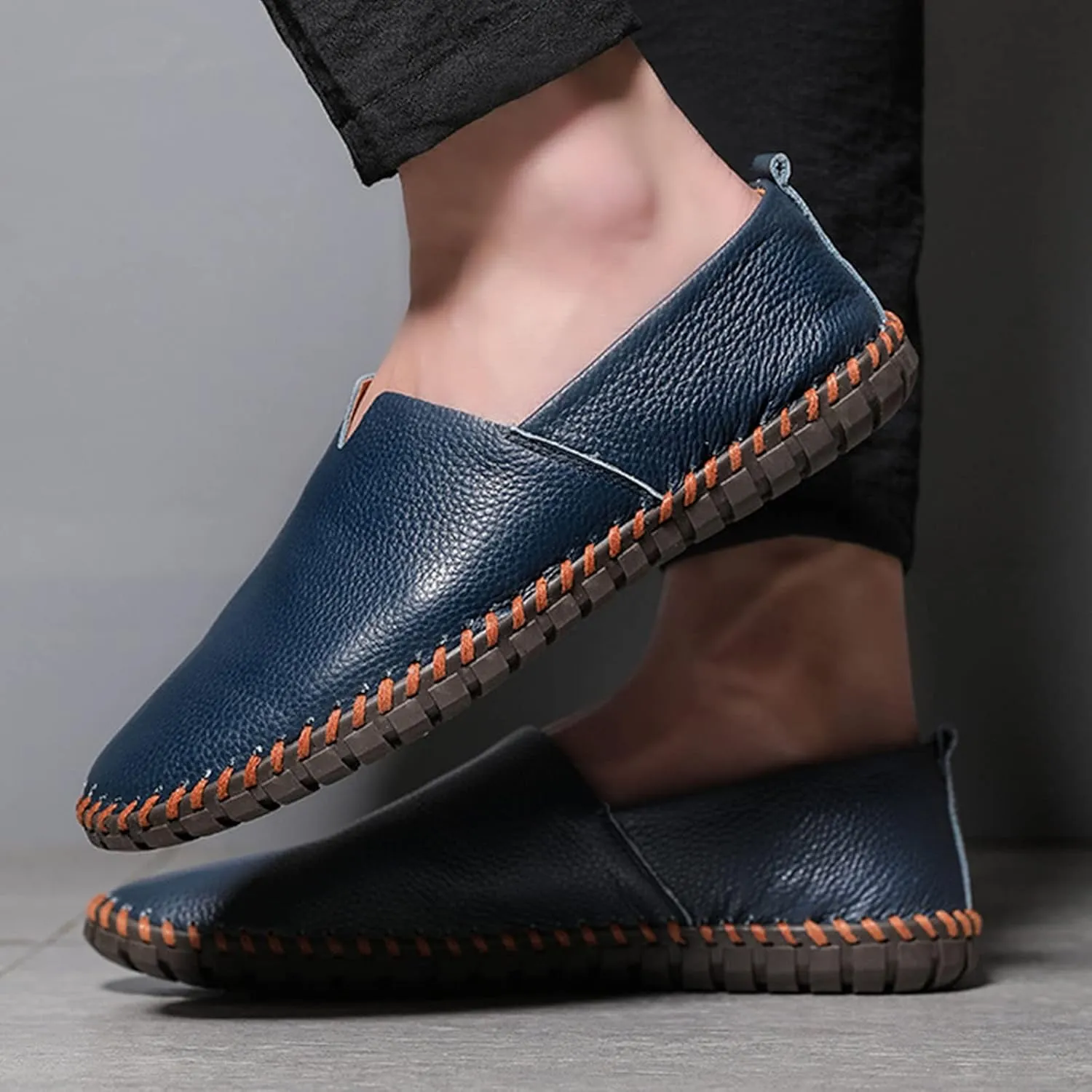 Men's Leather Slip-on Loafers,Lightweight Comfy Cutout Breathe Plain Toe Hand-Stitching Oxford Driving Casual Shoes