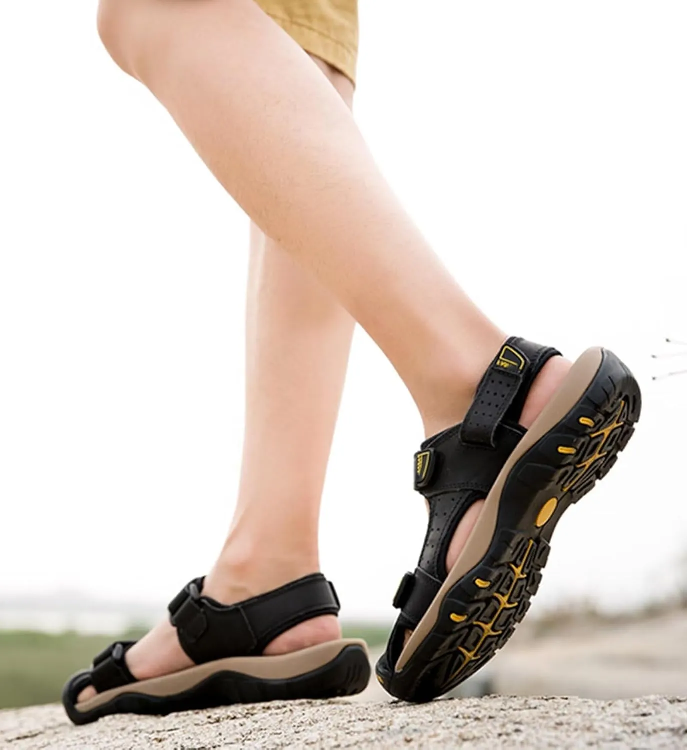Mens Sports Sandals Leather Closed Toe Sandals Outdoor Beach Summer Shoes Sandals for Hiking Trekking Walking Breathable Fisherman Sandals