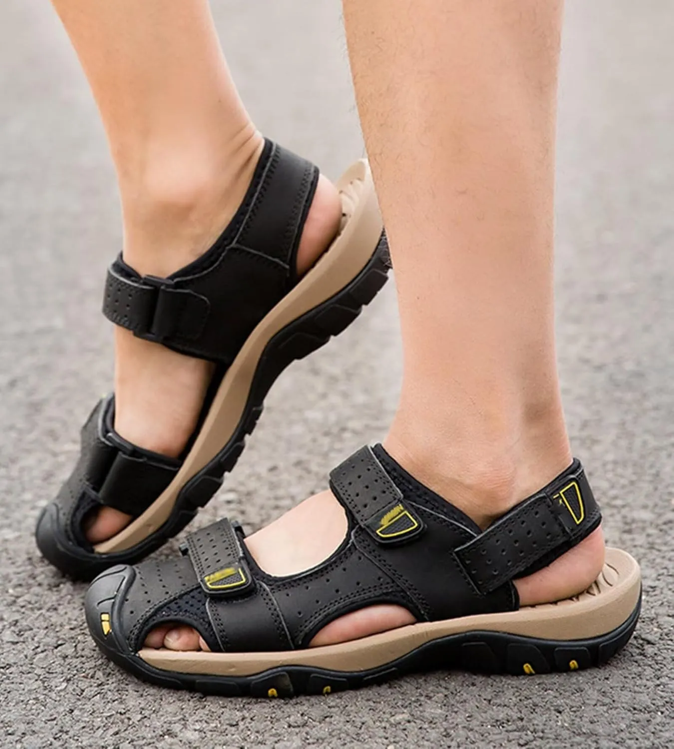 Mens Sports Sandals Leather Closed Toe Sandals Outdoor Beach Summer Shoes Sandals for Hiking Trekking Walking Breathable Fisherman Sandals