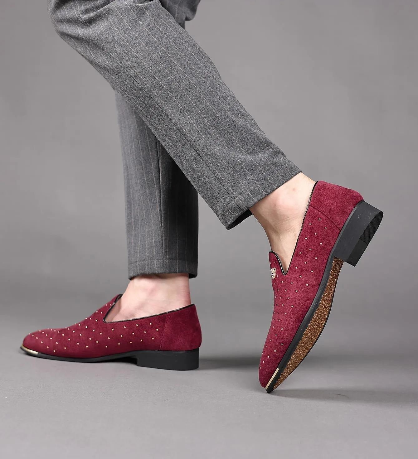 Men's Studded Suede Loafers, with Gold Accents