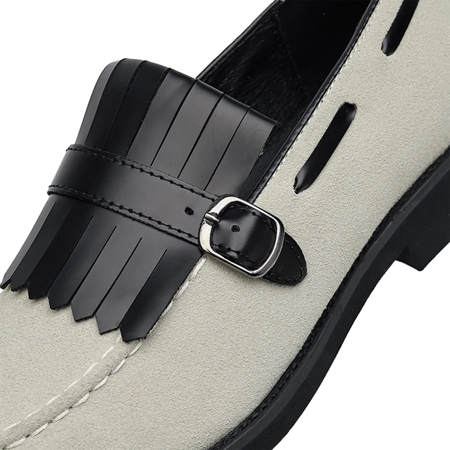 Men's Suede Penny Loafers Classic Slip on Leather Loafers with Fringe Buckle Detail Light Gray and Black Fashion Casual Wedding Dress Shoes