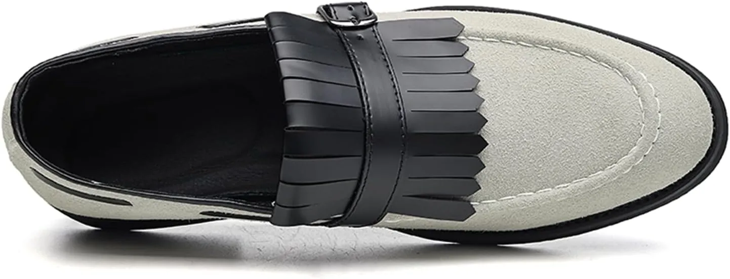 Men's Suede Penny Loafers Classic Slip on Leather Loafers with Fringe Buckle Detail Light Gray and Black Fashion Casual Wedding Dress Shoes