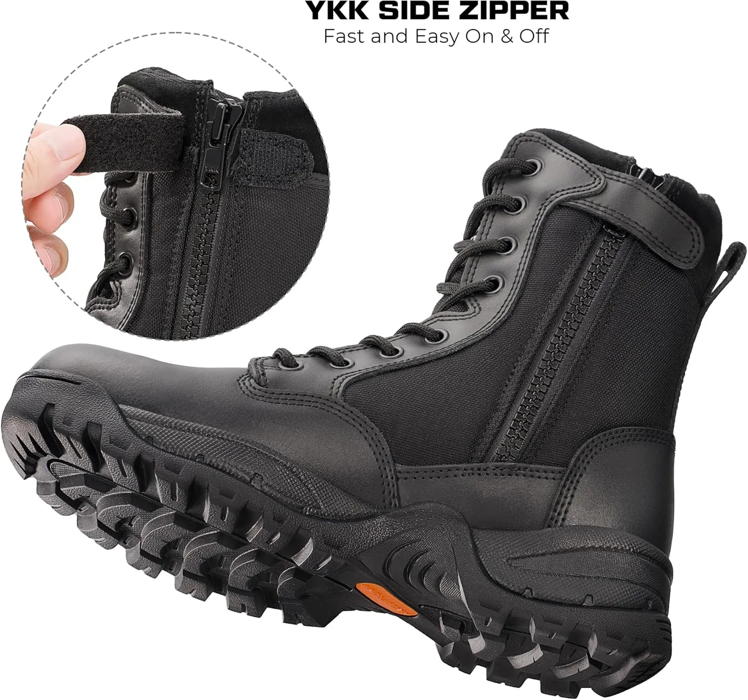 Men's Tactical Work Boots with Side Zipper – Lightweight Leather Military Style, Comfortable, Durable and Breathable for Outdoors