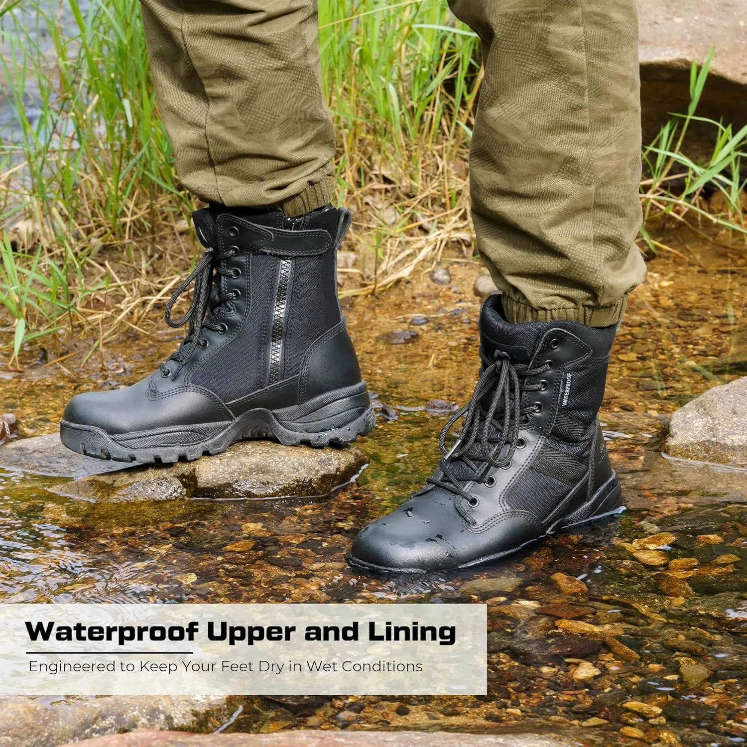 Men's Tactical Work Boots with Side Zipper – Lightweight Leather Military Style, Comfortable, Durable and Breathable for Outdoors