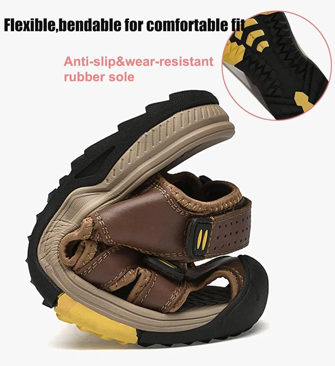 Mens Walking Sandals Outdoor Hiking Sandals Beach Sandals Trekking Shoes Closed-Toe Casual Leather Sandals