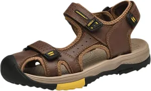 Mens Walking Sandals Outdoor Hiking Sandals Beach Sandals Trekking Shoes Closed-Toe Casual Leather Sandals