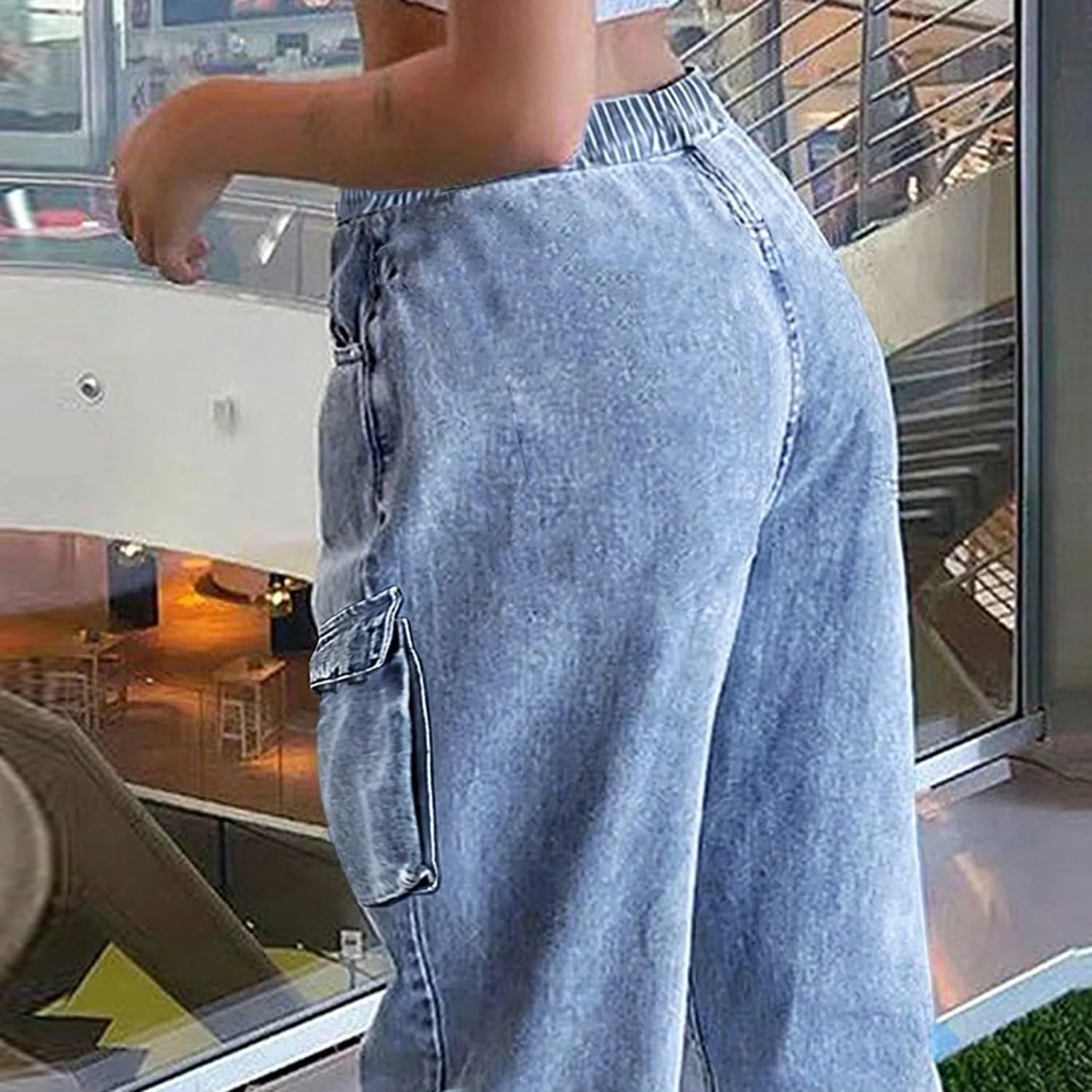 Mid Rise Cargo Jeans Women Elastic Waist Stretch Wide Leg Denim Pants with Pockets Baggy Streetwear Pants y2k