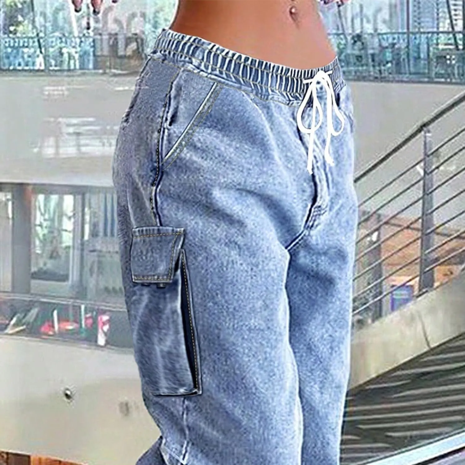 Mid Rise Cargo Jeans Women Elastic Waist Stretch Wide Leg Denim Pants with Pockets Baggy Streetwear Pants y2k