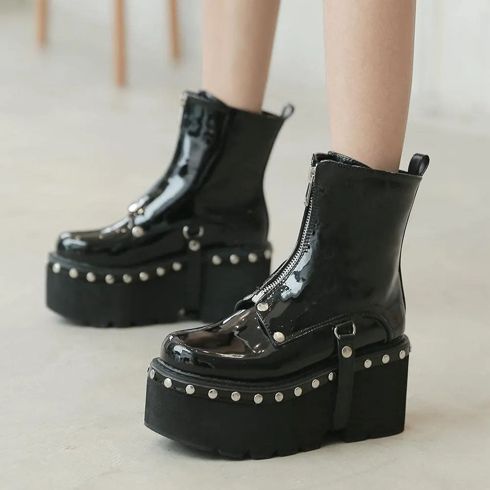 mikarka Goth Ankle Boots for Women, Zipper Studded Chain Mid Chunky Heel Platform Combat Ankle Booties Motorcycle Riding Mid Calf Boots