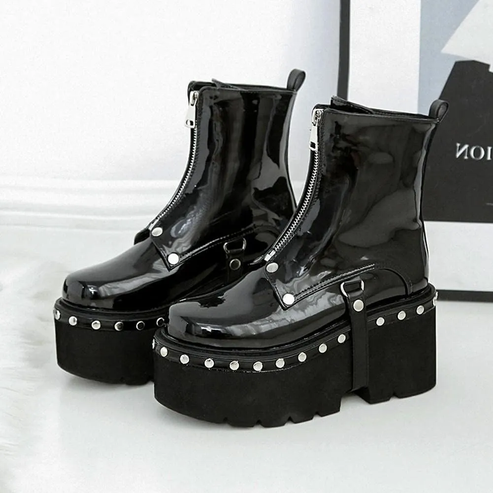 mikarka Goth Ankle Boots for Women, Zipper Studded Chain Mid Chunky Heel Platform Combat Ankle Booties Motorcycle Riding Mid Calf Boots