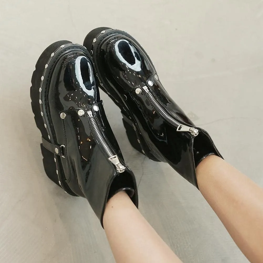 mikarka Goth Ankle Boots for Women, Zipper Studded Chain Mid Chunky Heel Platform Combat Ankle Booties Motorcycle Riding Mid Calf Boots