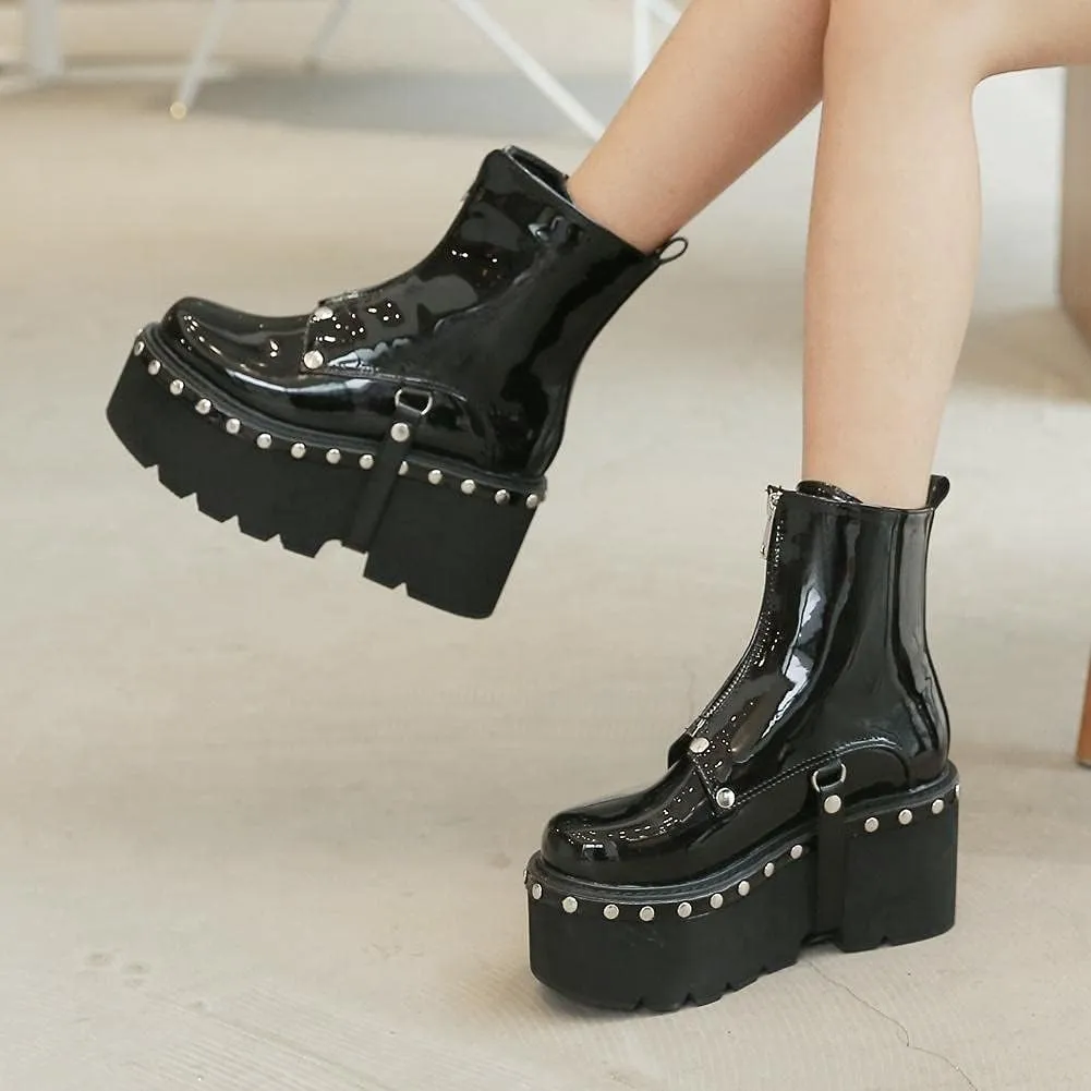 mikarka Goth Ankle Boots for Women, Zipper Studded Chain Mid Chunky Heel Platform Combat Ankle Booties Motorcycle Riding Mid Calf Boots