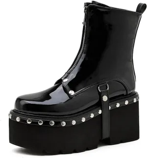 mikarka Goth Ankle Boots for Women, Zipper Studded Chain Mid Chunky Heel Platform Combat Ankle Booties Motorcycle Riding Mid Calf Boots