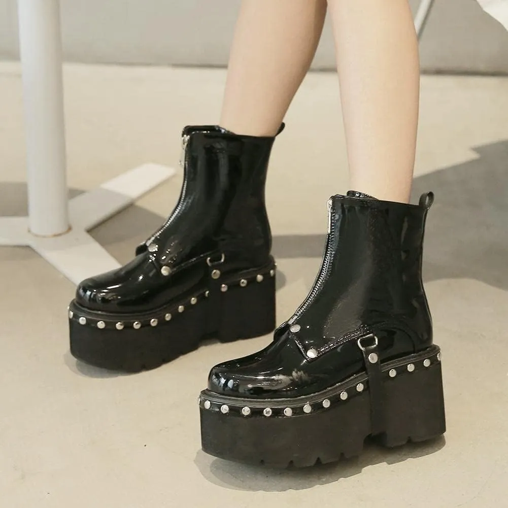 mikarka Goth Ankle Boots for Women, Zipper Studded Chain Mid Chunky Heel Platform Combat Ankle Booties Motorcycle Riding Mid Calf Boots