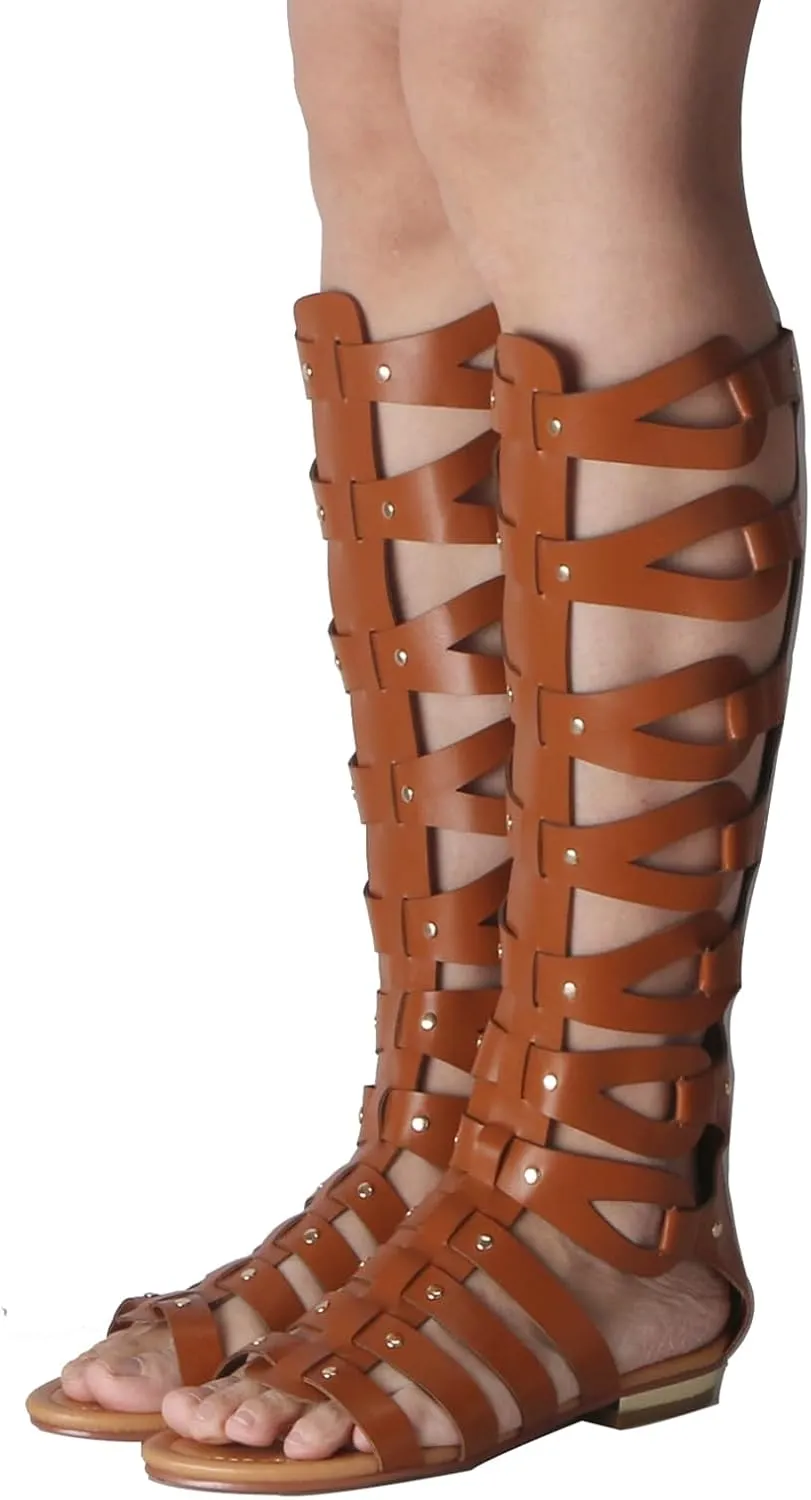Minishion Womens Gladiator Sandals Flat Knee High Summer Dress Boots with Zip TM001