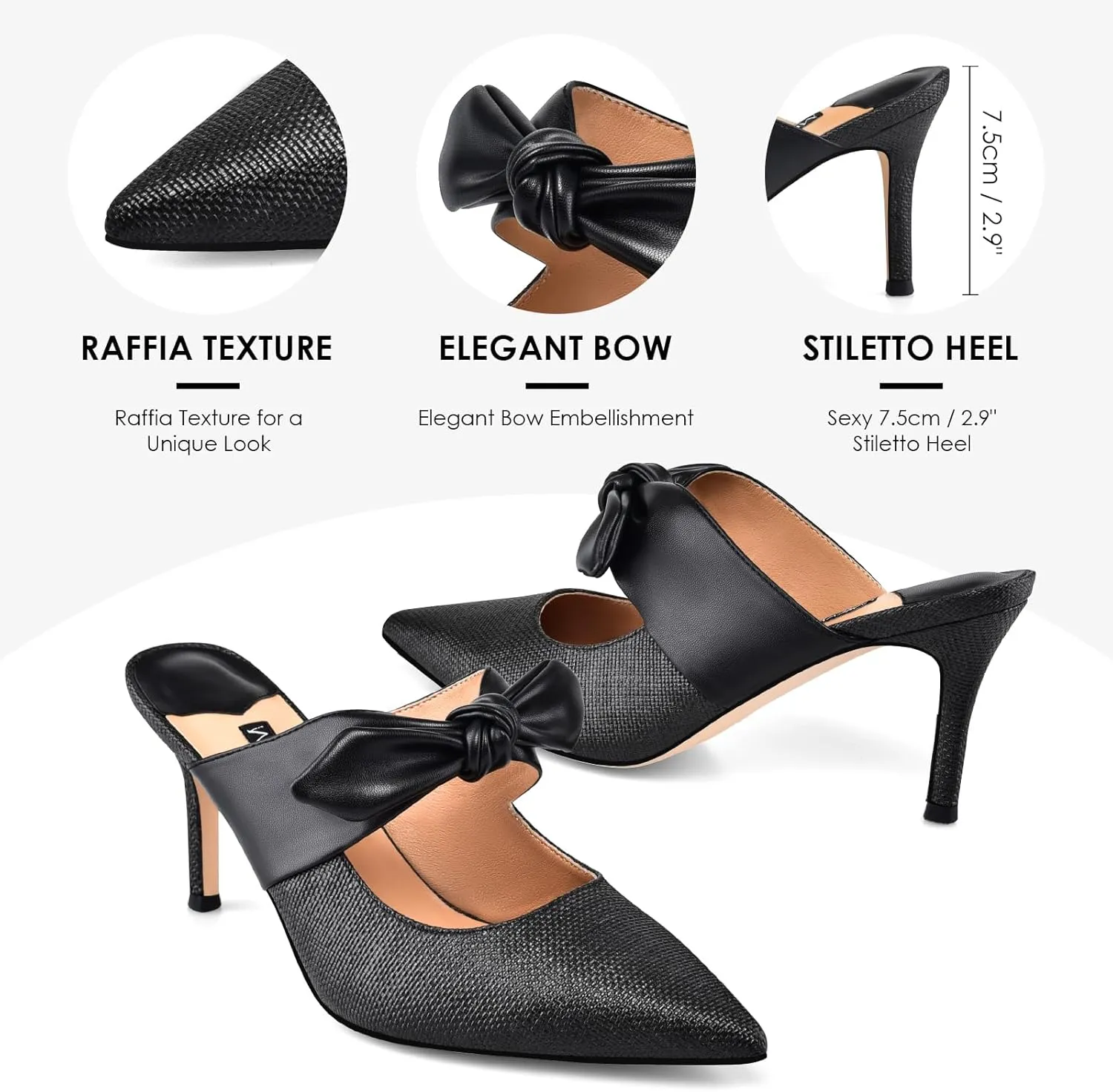 MIRAAZZURRA Bow Heel Mules Pumps Raffia Pointed Toe Stiletto High Heels Slip On Mules for Women Bridal Wedding Dress Party