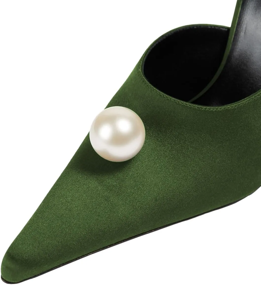 miss left Women Pearls Closed Pointy Toe Slide Sandals Slip On High Stiletto Heel Mules with Flowers Fashion Shopping Indoor Shoes Size 4-16 US