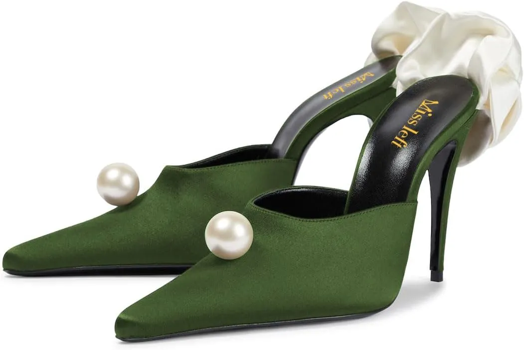 miss left Women Pearls Closed Pointy Toe Slide Sandals Slip On High Stiletto Heel Mules with Flowers Fashion Shopping Indoor Shoes Size 4-16 US